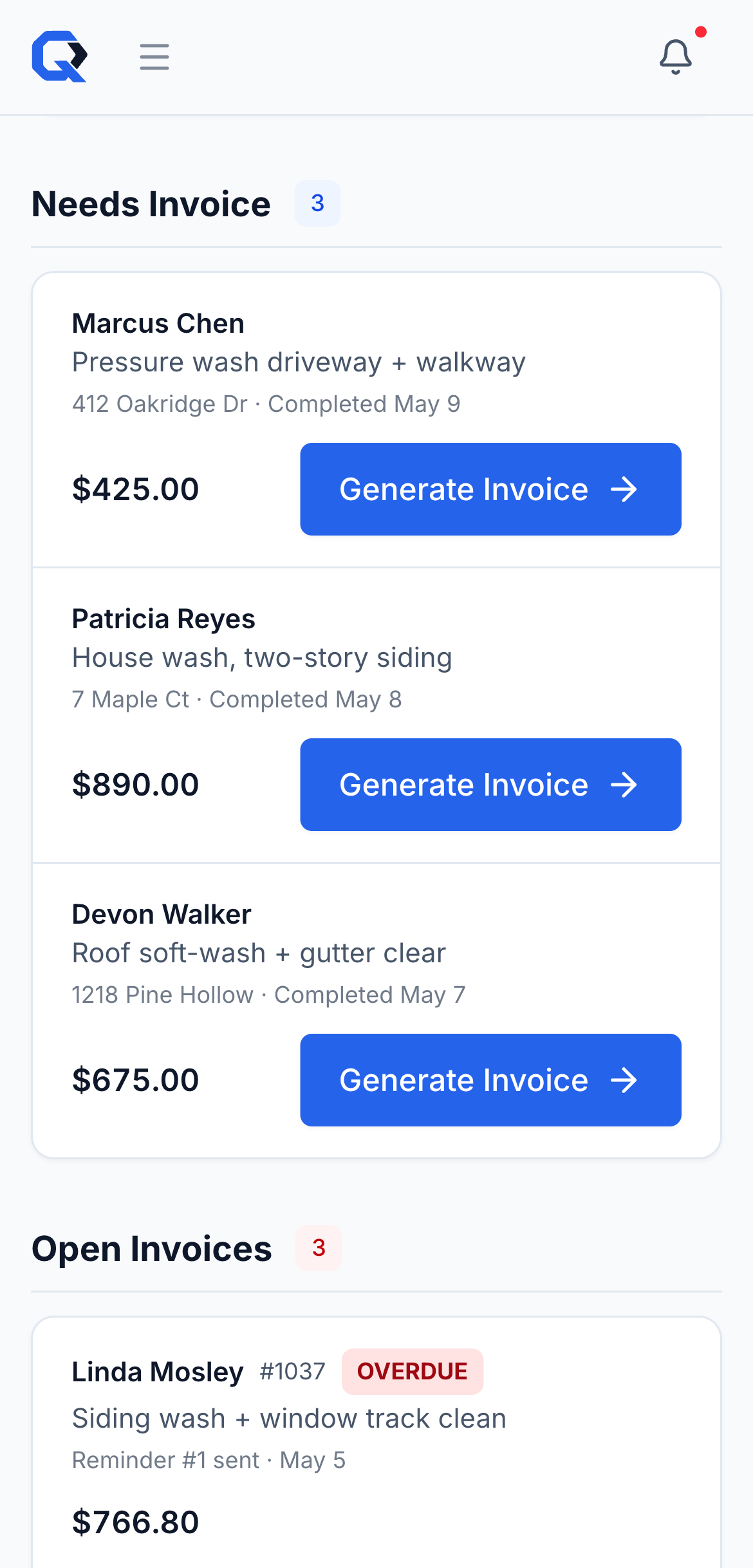 QuoFlow invoicing dashboard listing completed jobs that need an invoice, each with a one-tap Generate Invoice button