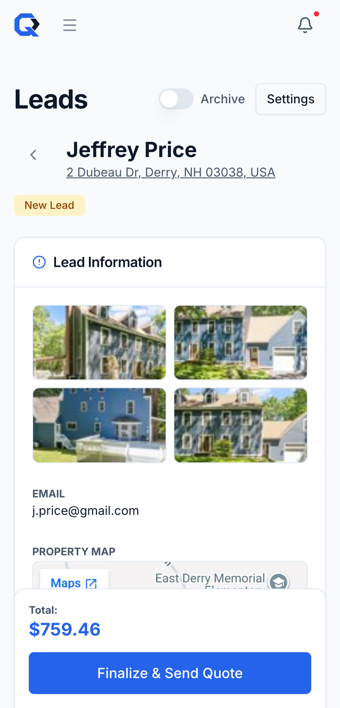 QuoFlow lead detail with property photos and a quote total ready to send