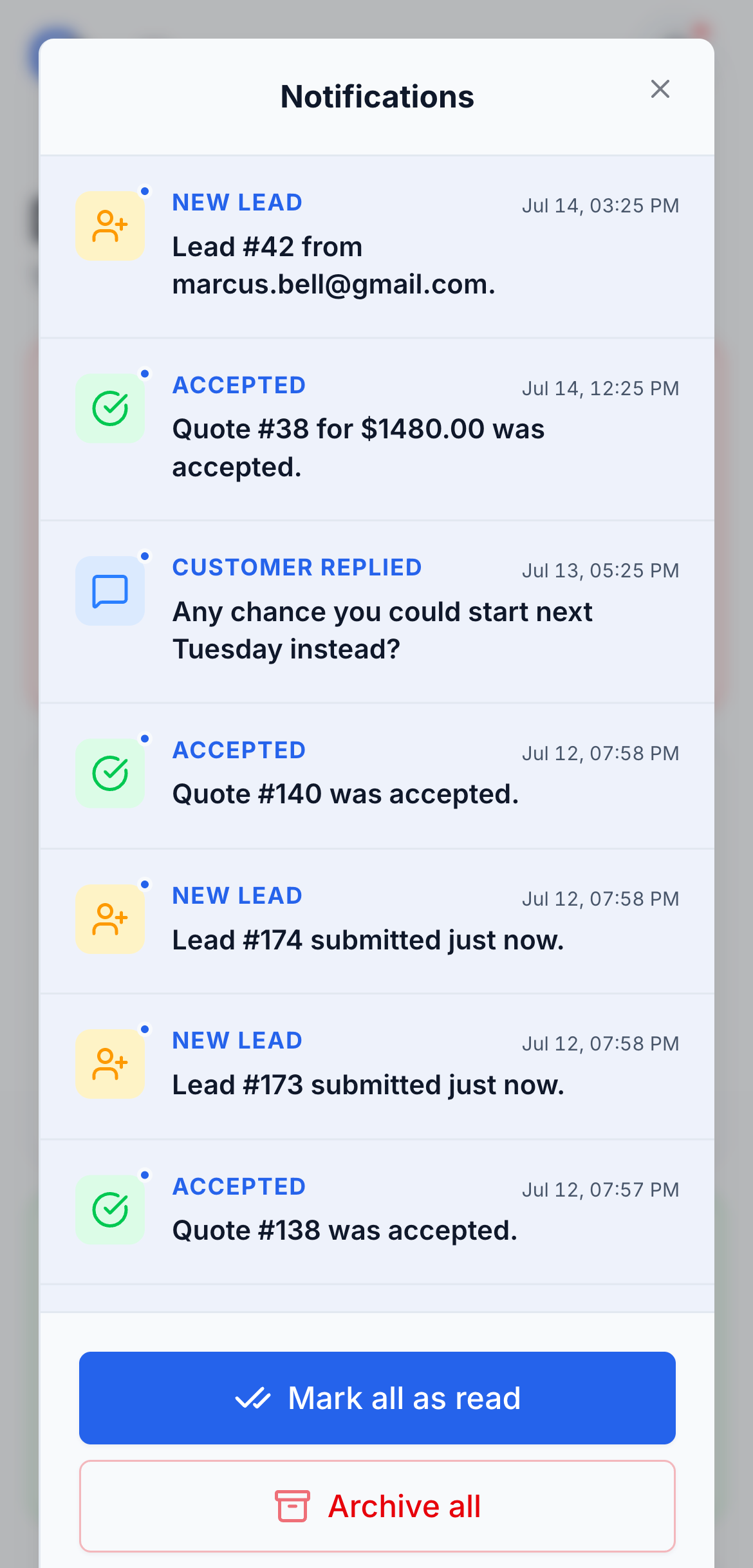 QuoFlow notifications panel: a new lead, an accepted quote with a green check, and a customer reply